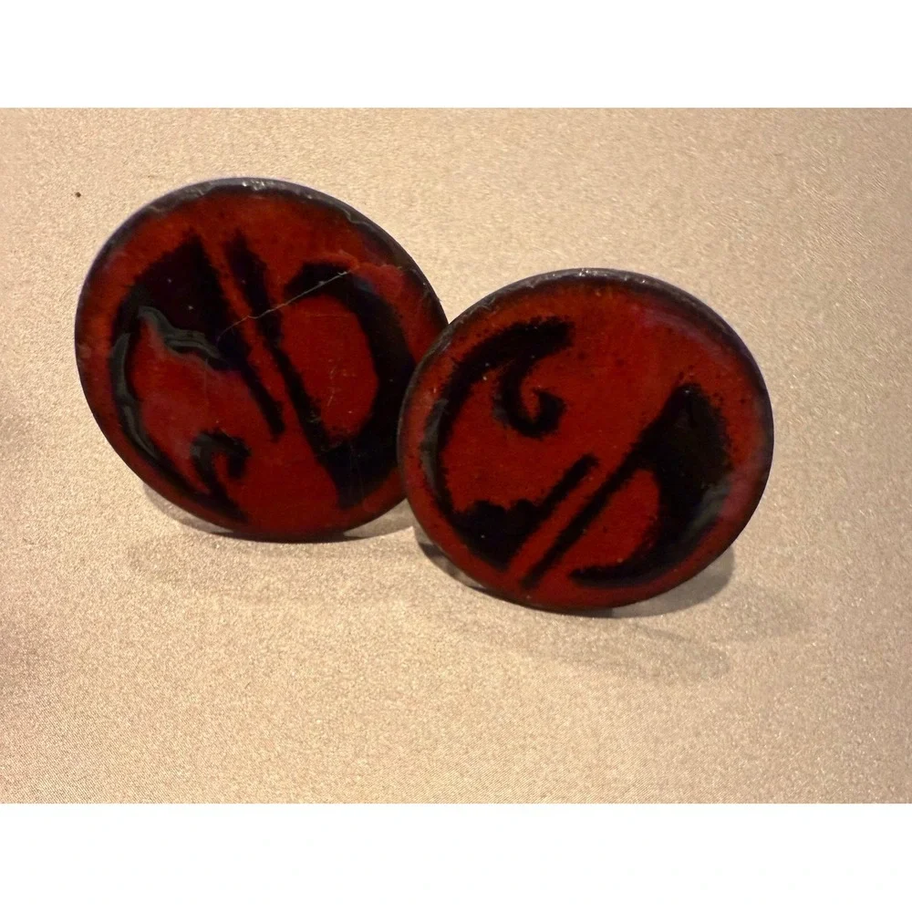 Vintage‎ Enamel Cufflinks Red Black Abstract Pattern Copper Tone Metal